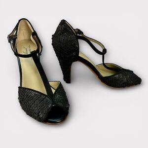 Anniel Black Sequin Heels Peep Toe Pumps Women EU 37 Italy Formal Cocktail Party